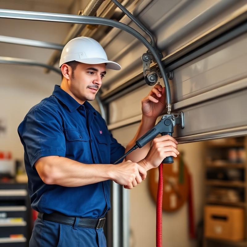 Certified garage door technician inspecting and repairing residential garage door in Coquille Oregon